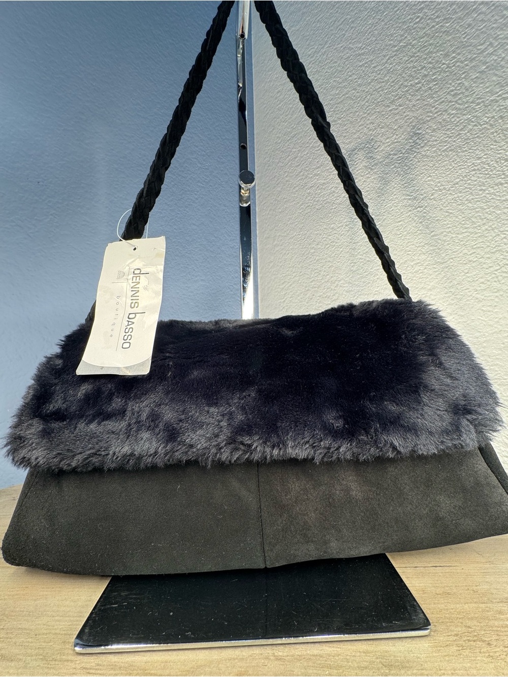 Dennis Basso Boutique Vintage Black Suede Faux Fur Shoulder Bag NWT